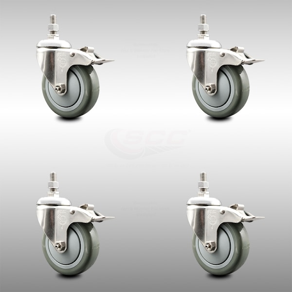 Service Caster 4 Inch 316SS Gray Polyurethane Wheel Swivel 1/2 Inch Stem Caster Set Lock Brake SCC-SS316TSTTL20S414-PPUB-121315-4 - main